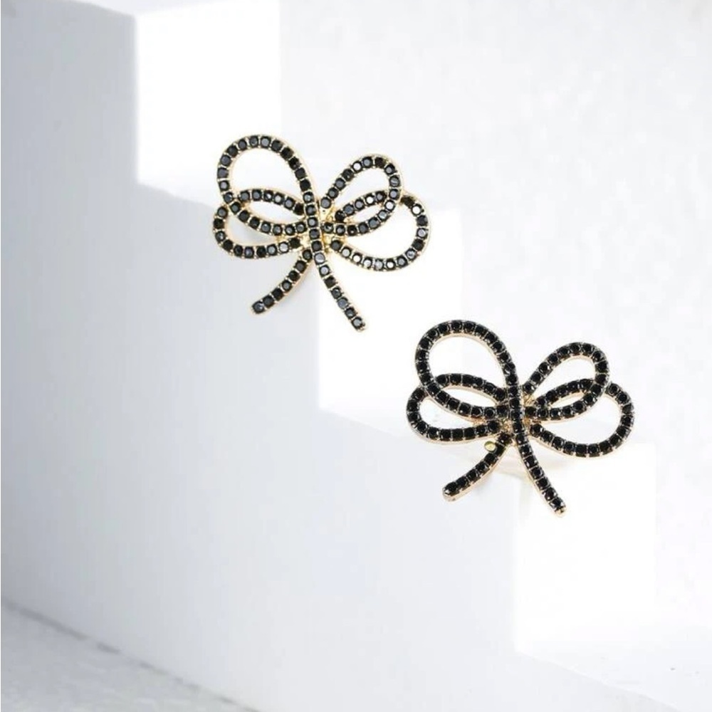GOLD Black Rhinestone Bow Stud Earrings